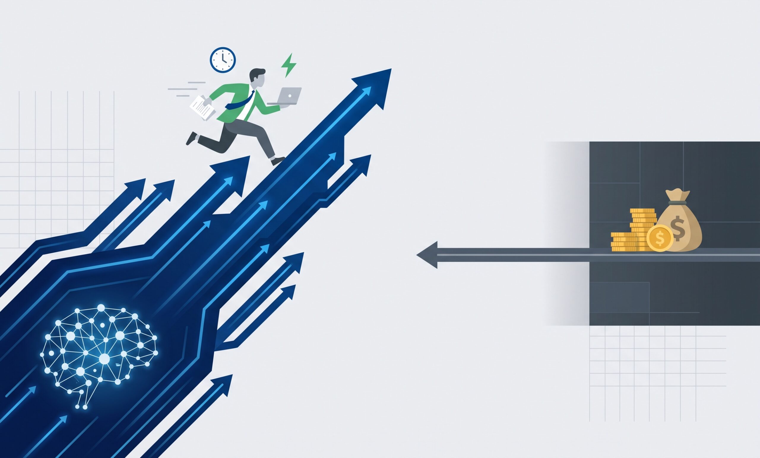 Minimalist illustration showing AI increasing employee speed but failing to improve corporate earnings.